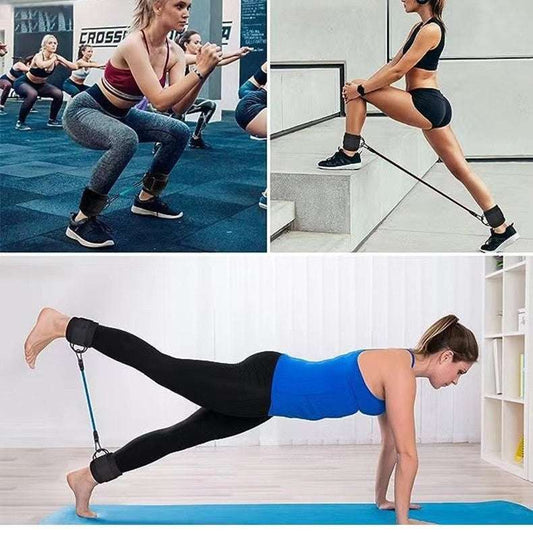 Women using ankle strap resistance bands for leg and hip strength training at the gym and home workouts