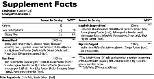 Green Superfood Powder supplement facts showing ingredient blends and nutritional values in detailed table format