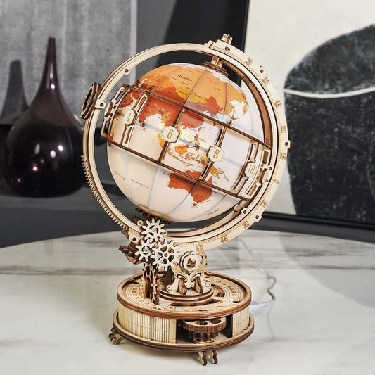 Rokr Luminous Globe 3D wooden model kit with 180 pieces and rotating mechanical design