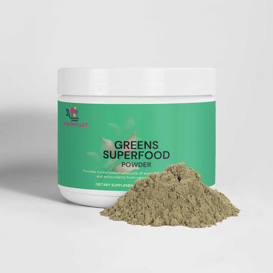 Green Superfood Powder container with a pile of nutrient-rich green powder on a white background