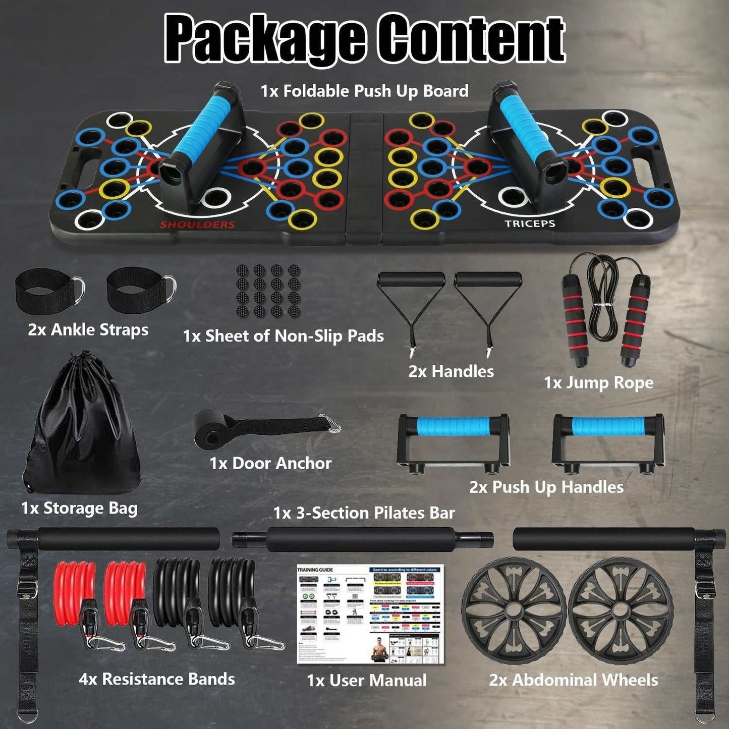 Multifunctional Push Up Board Home Strength Training Equipment With 15 Fitness Accessories Pilates Bar Resistance Band Roller Wheel Full Body Workout Home Gym Equipment - The Peppermint Room