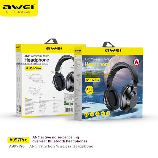 Awei A997Pro ANC active noise-cancelling over-ear Bluetooth headphones with wireless stereo sound and long battery life.