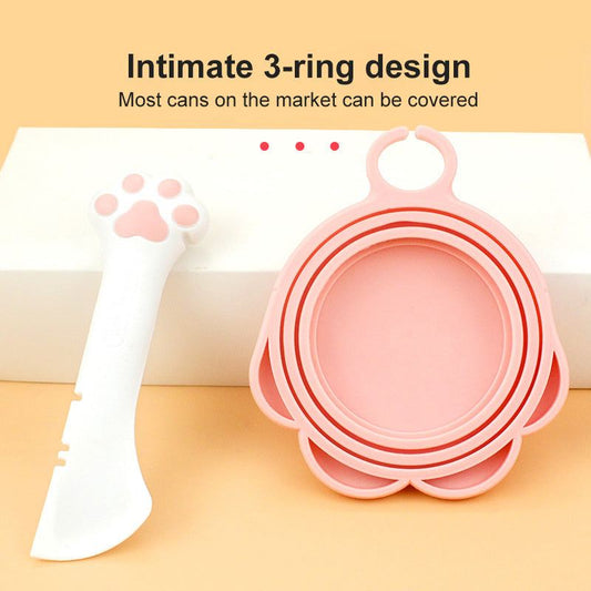 Pet canned spoon with paw-shaped handle and pink silicone multi-size can lids for pets