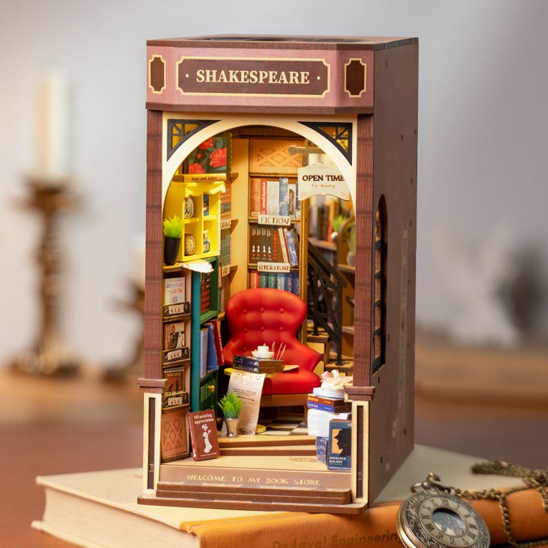 Robotime Rolife Book Nooks miniature DIY wooden Shakespeare bookstore with detailed interior and red armchair