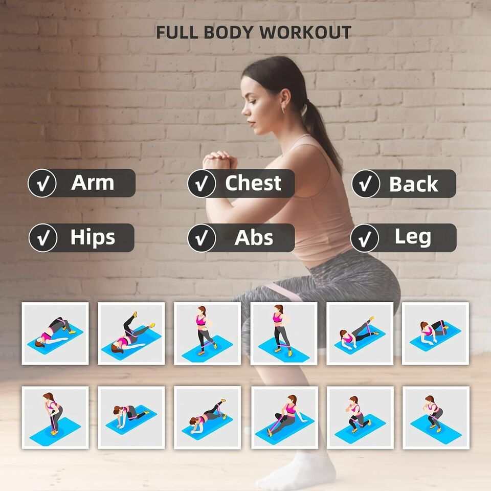 Woman doing squat exercise with resistance loop exercise band for full body workout targeting arms, chest, back, hips, abs, and legs