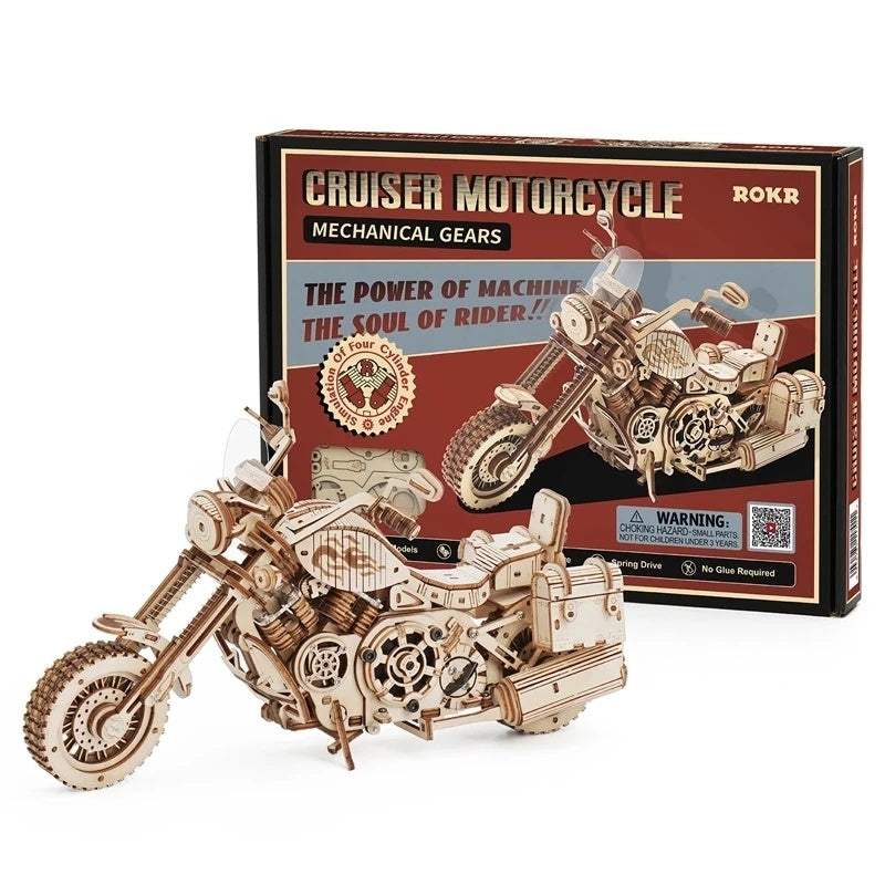 420 piece building block kit for DIY wooden cruiser motorcycle model with mechanical gears