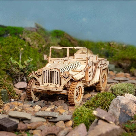 3D wooden puzzle army jeep model on rocky terrain detailed scale replica