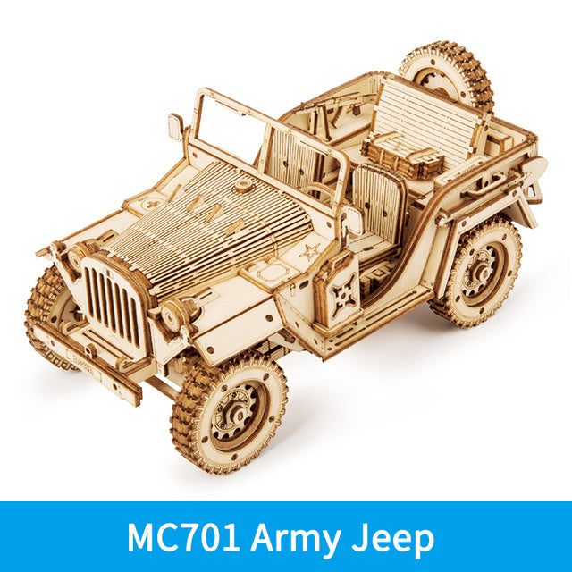 3D wooden puzzle model of MC701 Army Jeep, detailed 1:18 scale DIY assembly toy without glue
