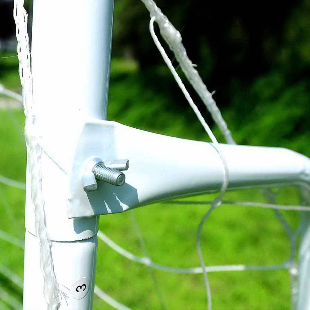 Close-up of white powder-coated steel frame and net attachment on 8' x 5' soccer goal outdoors on green grass