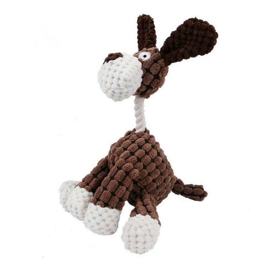 Plush brown and white dog toy with squeaker for chewing and dental cleaning