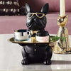 Black French Bulldog statue holding a gold tray home decor accessory with sunglasses and bow tie