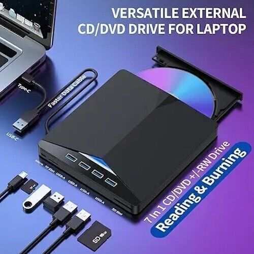 External USB 3.0 DVD CD RW writer drive with 7-in-1 features for laptops and PCs including USB hub and card readers.