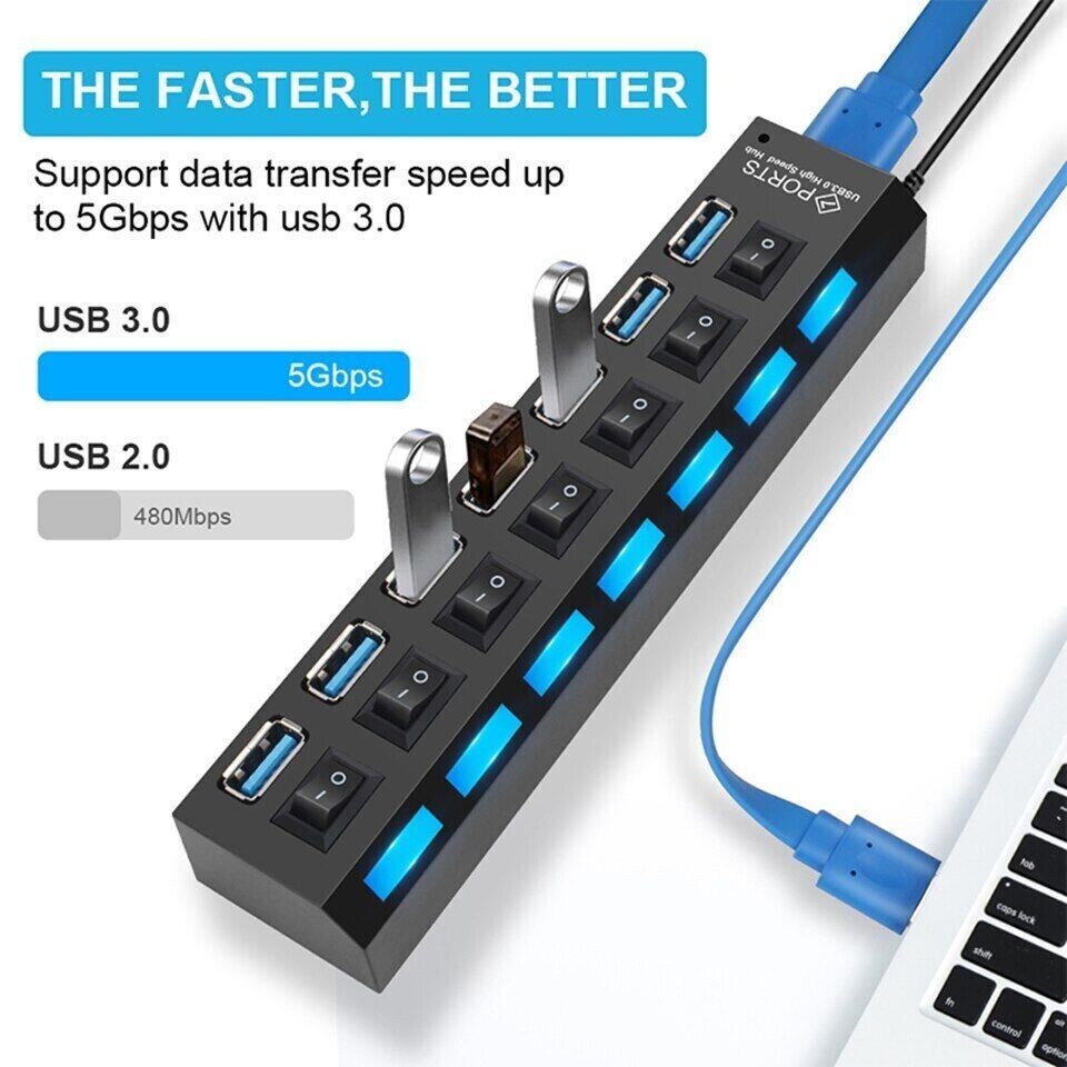 USB HUB 7 Port High Speed 3.0 USB Multi Splitter Desktop PC Laptop Adapter 5Gbps - The Peppermint Room