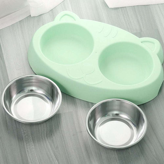 Double dog bowls set with stainless steel removable bowls and non-slip resin stand designed for small-medium pets