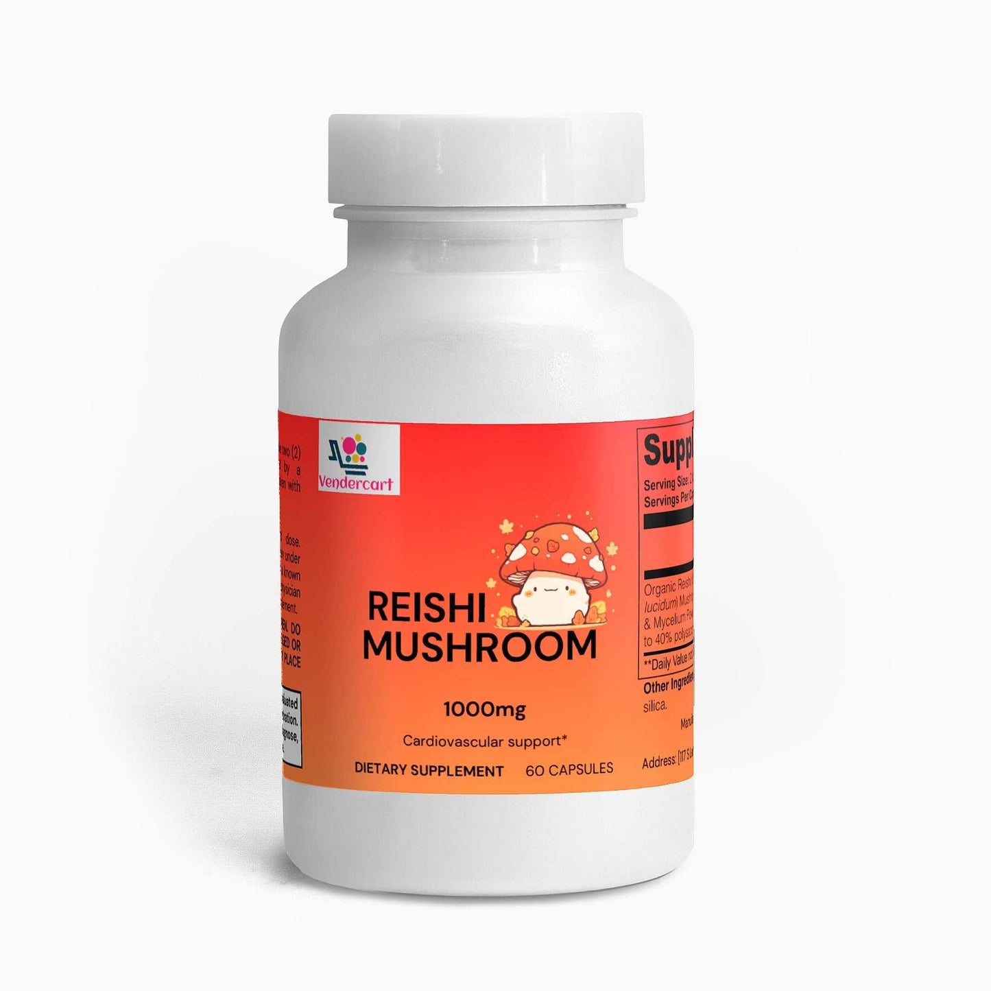 Organic Reishi Mushroom Capsules 1000mg vegan dietary supplement for cardiovascular support, 60 capsules bottle