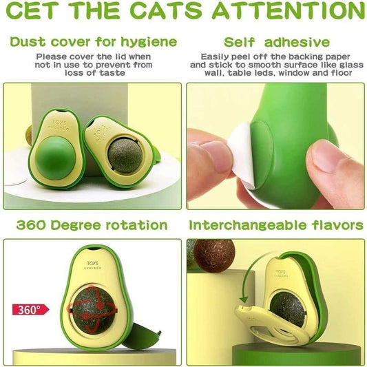 Avocado-shaped catnip toy with 360-degree rotation, self-adhesive backing, and interchangeable flavors for cat teeth cleaning and interactive play