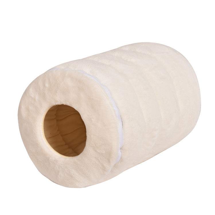 Cozy cylindrical warm pet house with soft rabbit fur material in white color for small pets