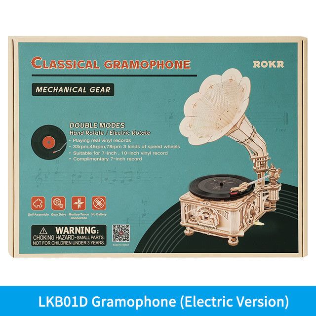 Robotime ROKR DIY electric version classic gramophone wooden puzzle model kit packaging box