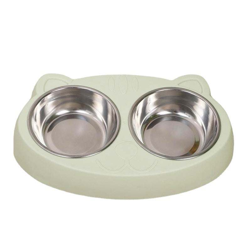 Double dog bowls with stainless steel inserts and non-slip resin station for pet feeding