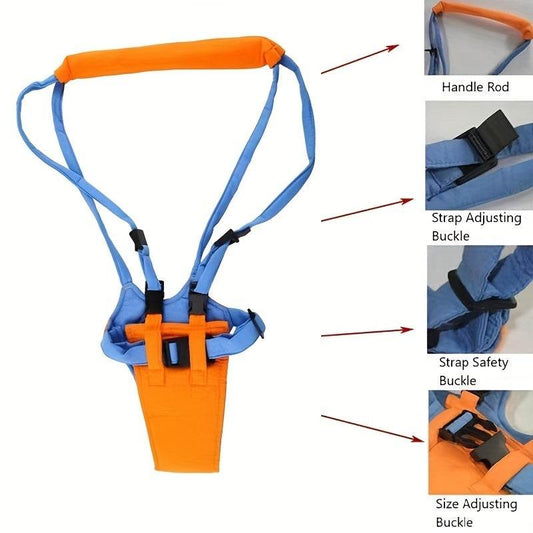 Baby toddler harness in orange and blue with adjustable straps and safety buckles for walking assistance