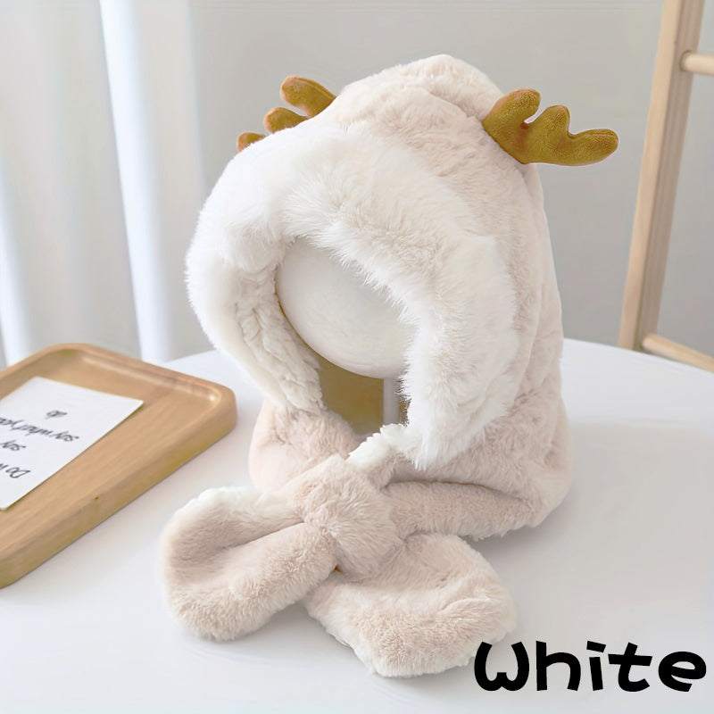 Cute Deer Hat for children with plush fleece, rabbit ears, antlers, and attached scarf, warm and thickened for winter.