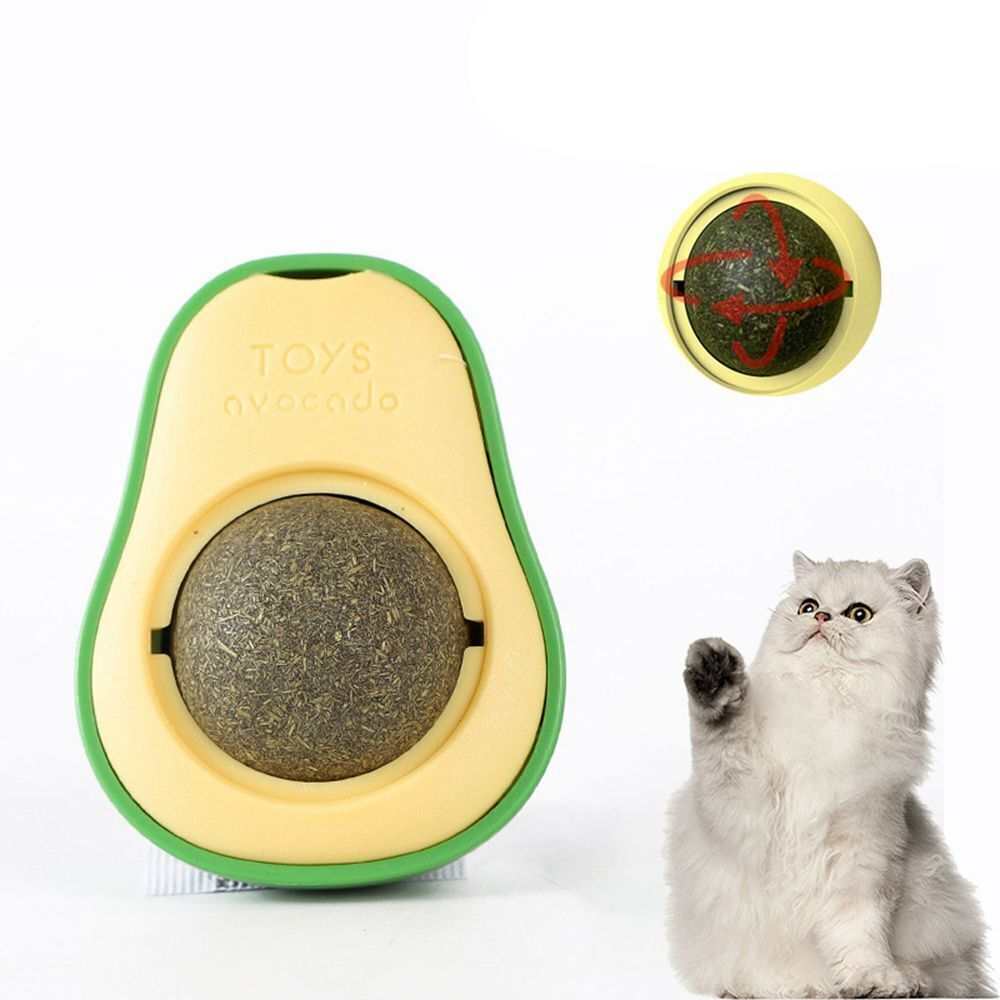 Avocado-shaped catnip toy with rotating silvervine ball for cat teeth cleaning and interactive play