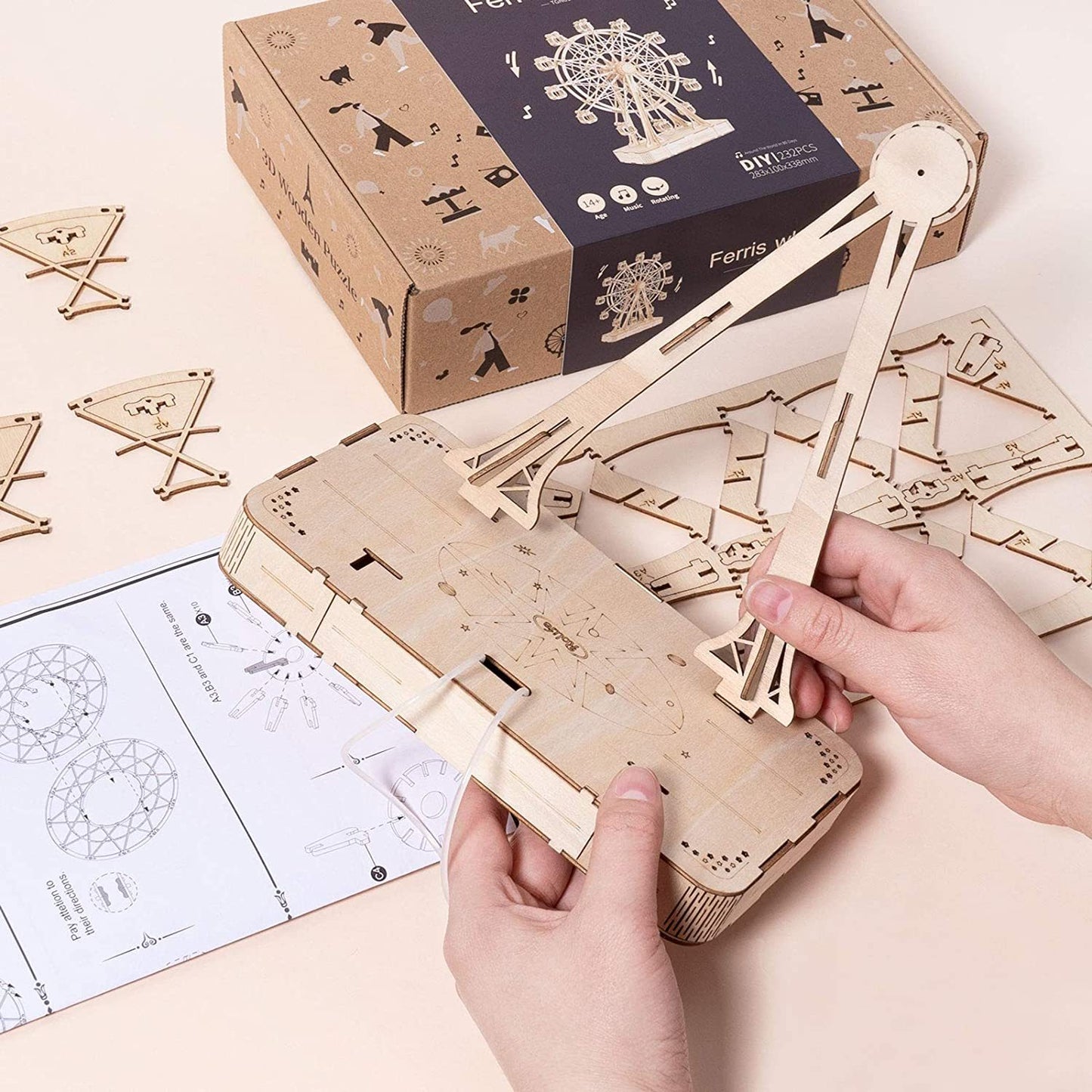 Robotime DIY Wooden Rotatable Ferris Wheel Model With Playing Music Toys For Children Birthday TGN01 - The Peppermint Room