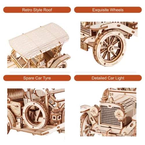 ROKR 3D Wooden Puzzle vintage car model with retro roof, exquisite wheels, spare tire, and detailed lights wooden DIY kit