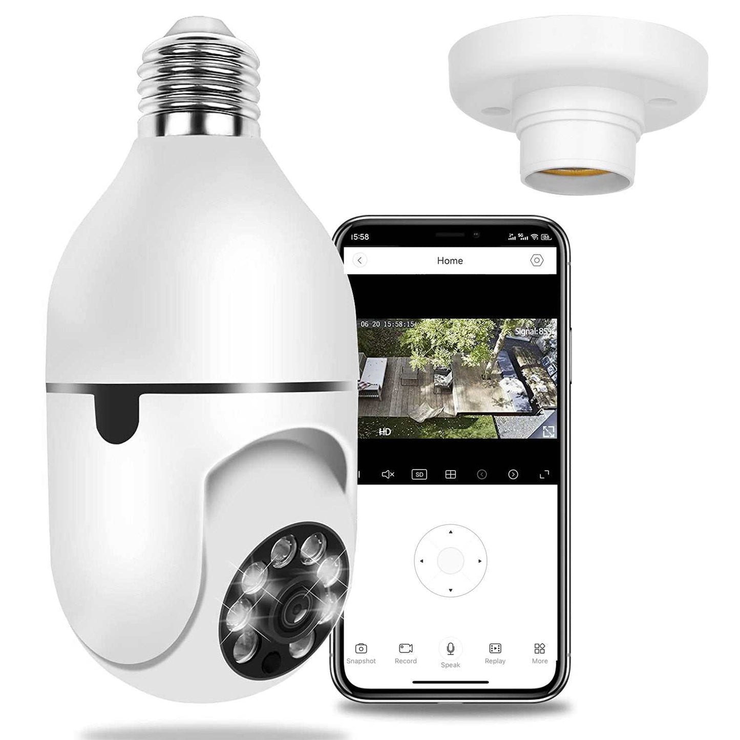 White E27 WiFi bulb camera with night vision, pan tilt, and two-way audio shown with smartphone app and socket base.