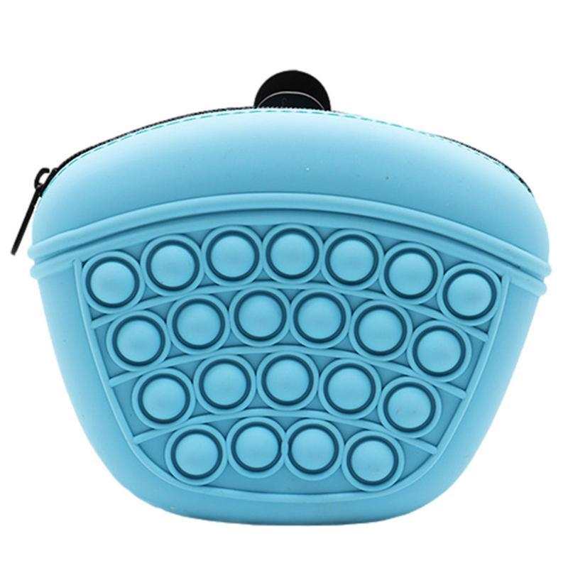 Blue silicone pet treat bag with anti-slip bubble design and zipper closure for dog training