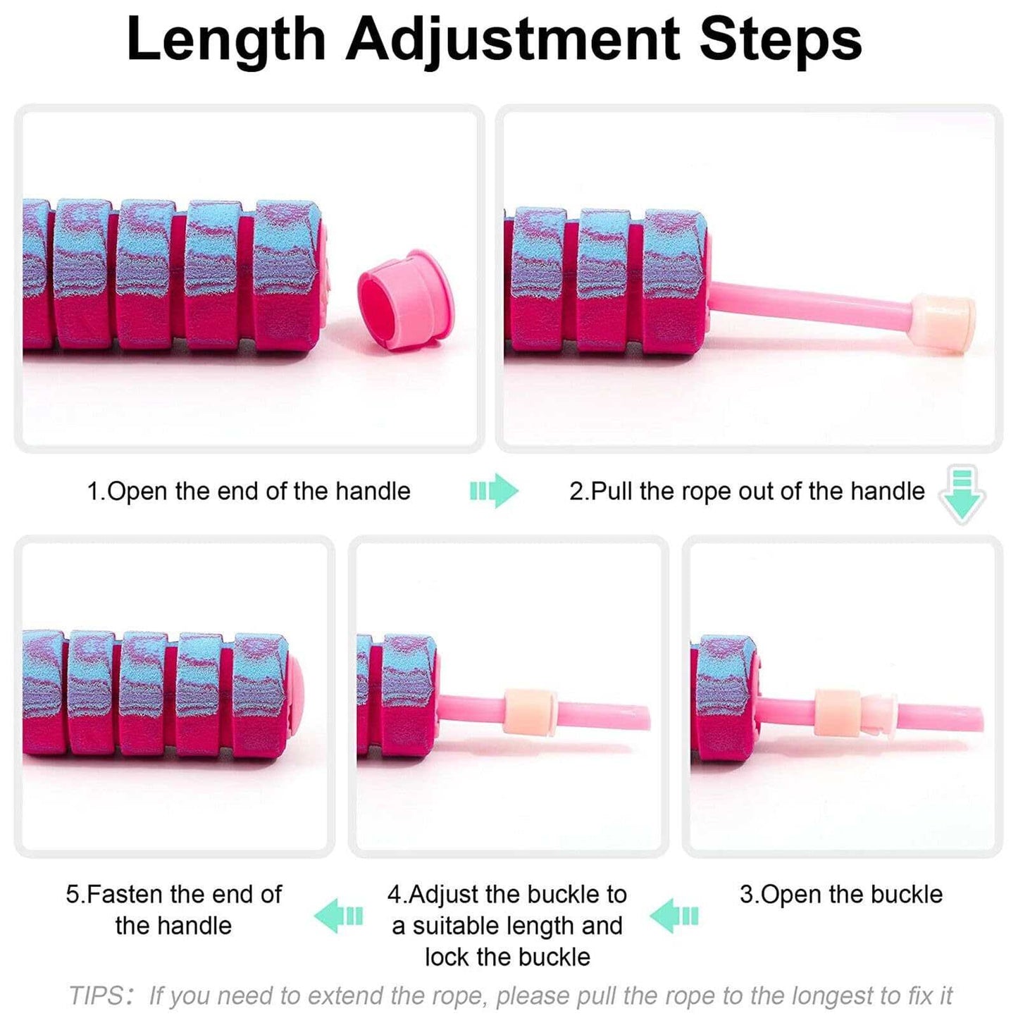 Weighted jump rope length adjustment steps with handle opened and rope pulled out