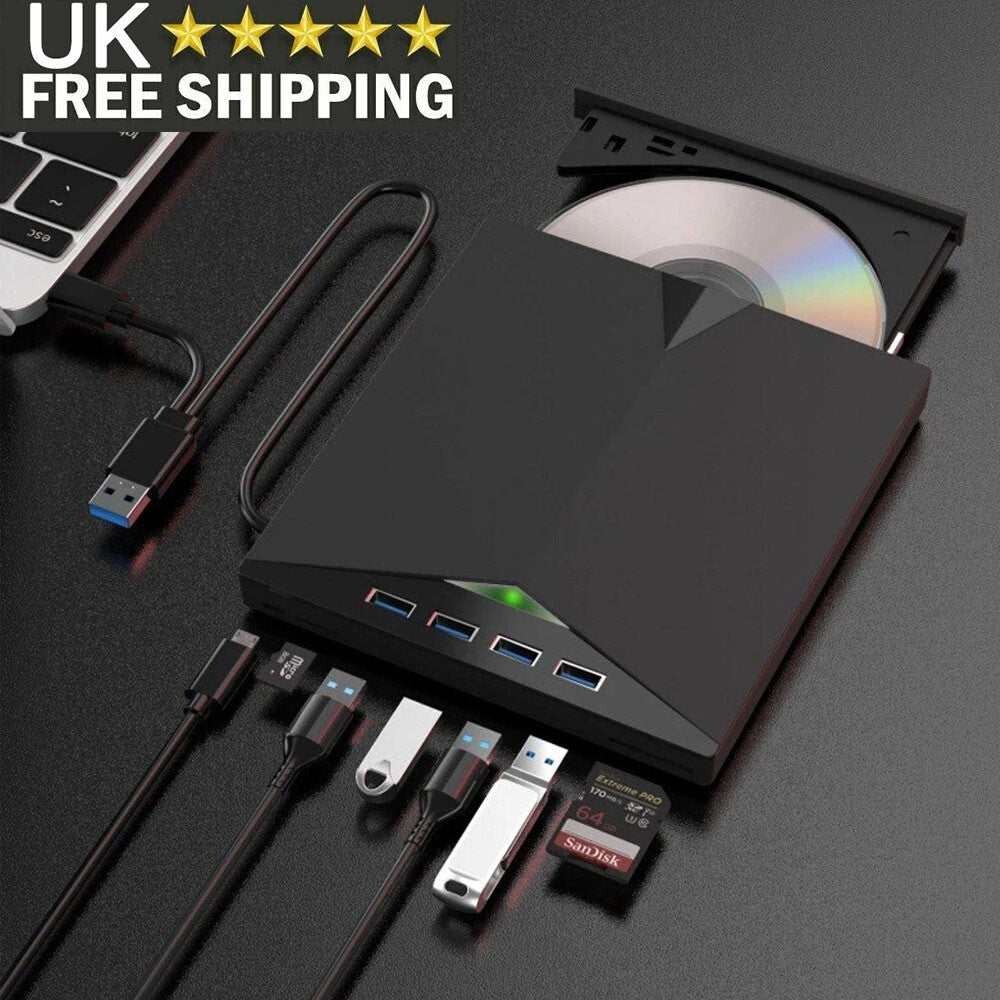 External USB 3.0 DVD drive with 7-in-1 features including DVD/CD burner, 4 USB hubs, SD and TF card readers, compatible with Windows, Mac, and Linux.