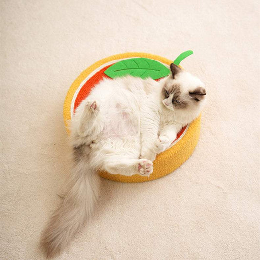 Cat resting on orange-shaped cat scratch board pet bed with sisal teddy velvet material