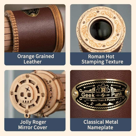 3D wooden puzzle game featuring orange grained leather, Roman hot stamping texture, Jolly Roger mirror cover, and classical metal nameplate.