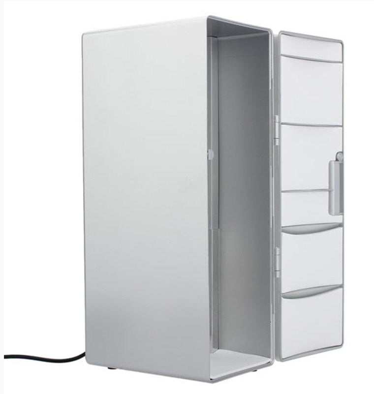Mini USB Fridge with door open showing interior storage for cans and bottles, USB powered cooling and heating device.