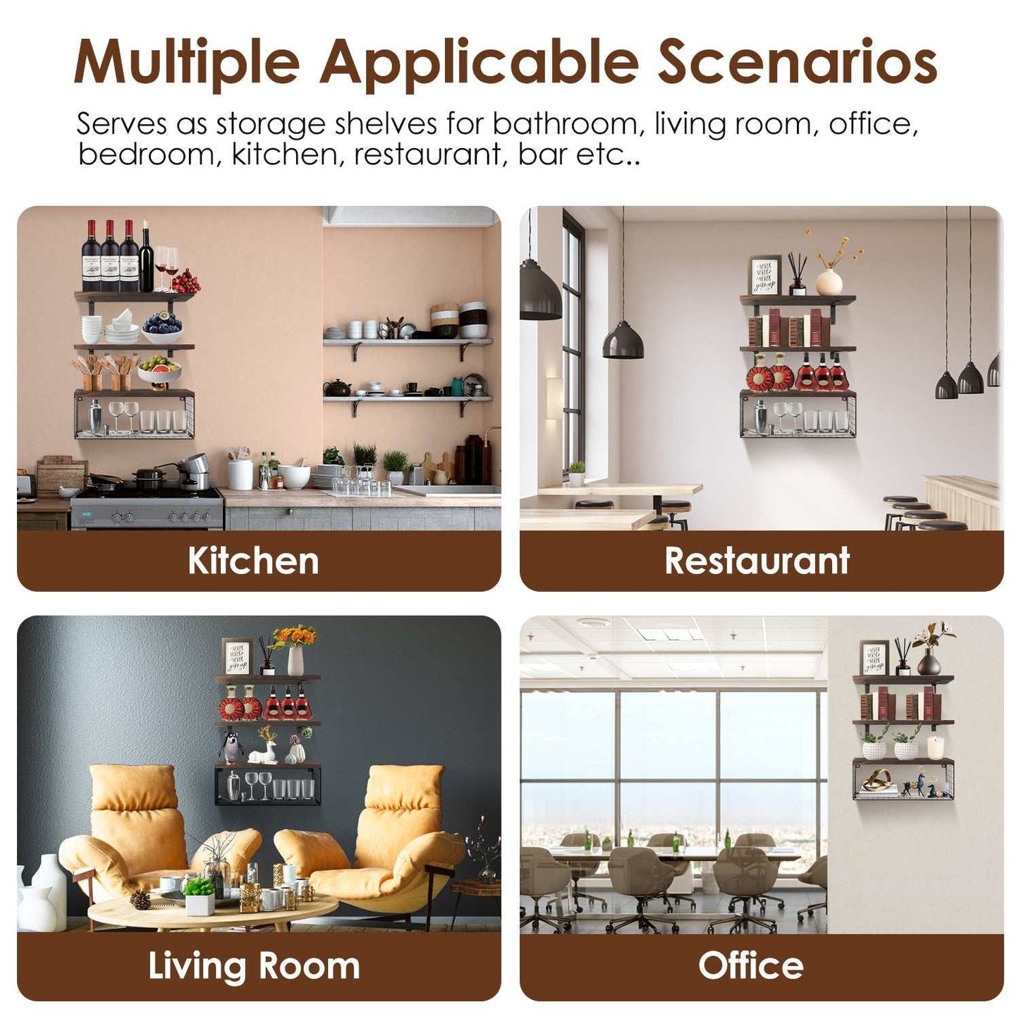 Wall mounted 2 in 1 floating shelves with storage basket in rustic wood for kitchen, bathroom, living room, office decor and storage.