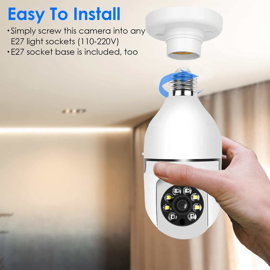 Hand installing white E27 WiFi bulb camera with flood light and night vision for home security surveillance