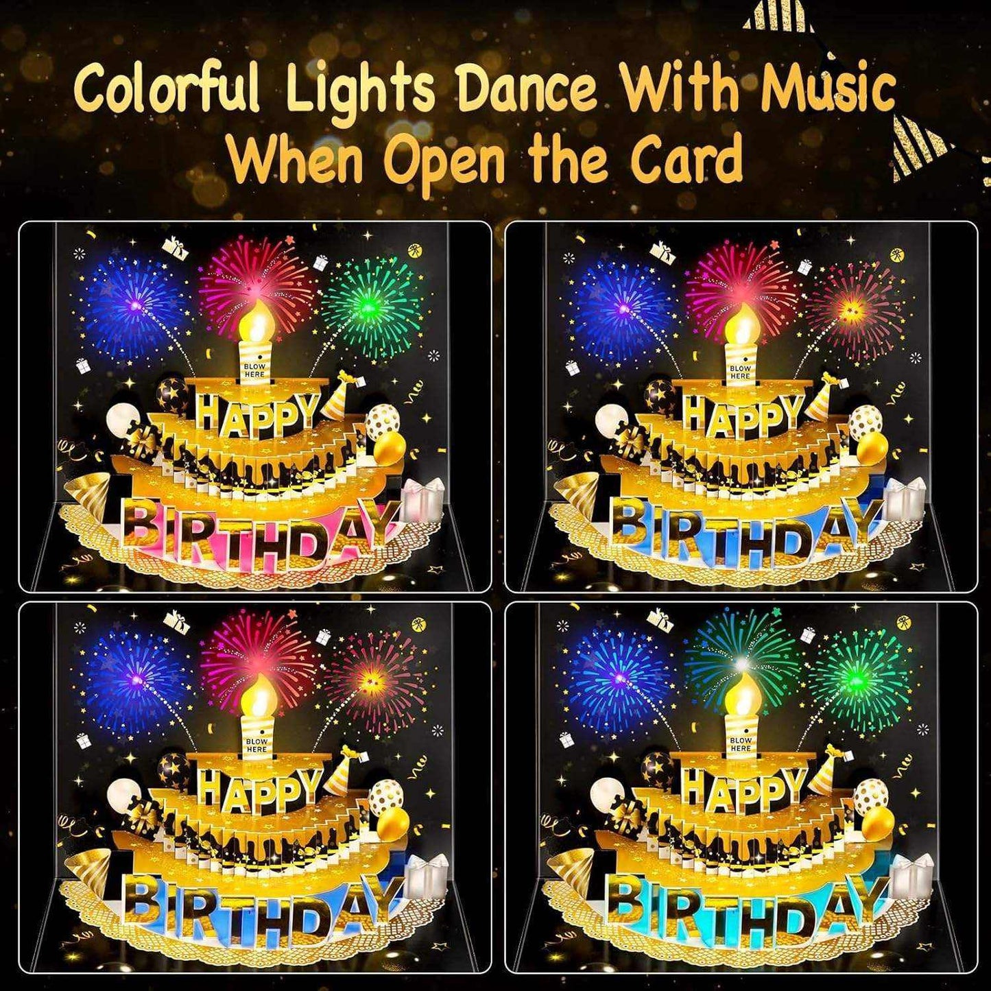 Light Music Up Card birthday card with colorful lights and 3D pop-up cake design