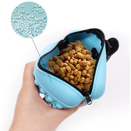 Blue silicone pet treat bag with zipper and anti-slip bubbles, portable for dog training and outdoor use