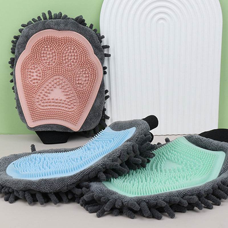 2-in-1 pet bathing brush grooming glove with silicone massage bristles and microfiber cleaning side in multiple colors