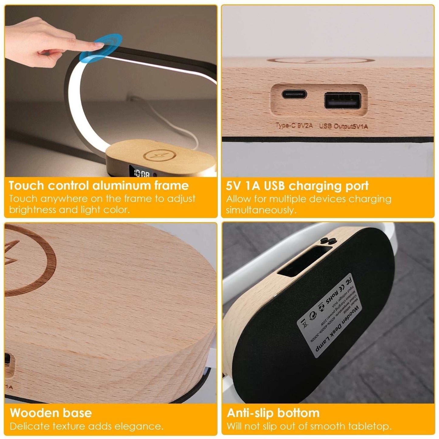 Dimmable bedside table lamp with touch control, wireless charging, USB port, digital clock, wooden base, and anti-slip bottom