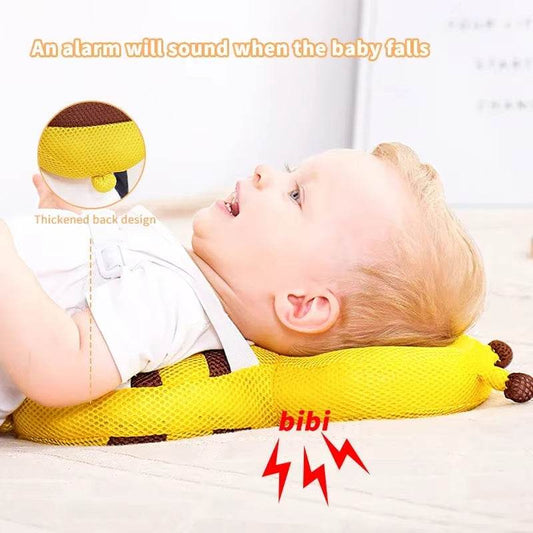 Baby wearing yellow cartoon bee head back protector pillow with thickened back design and fall alarm system