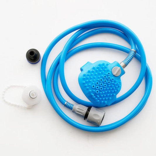 Blue pet bathing tool with massage brush, hose, and faucet adapters for dog grooming and washing
