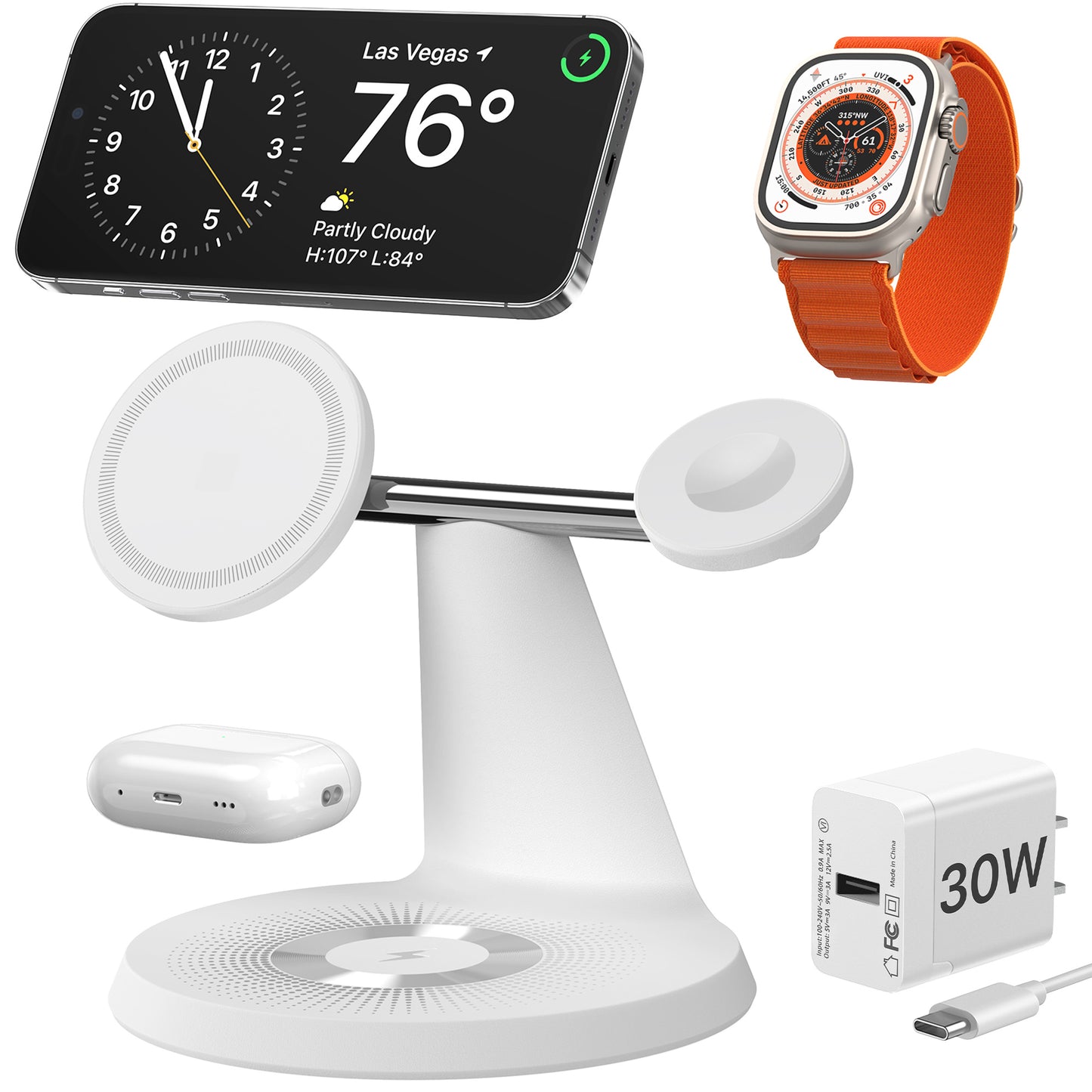 3 In 1 Wireless MagSafe Charging Station For Multiple Devices 30W Adapter Included - The Peppermint Room