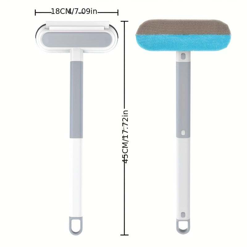 Multi-functional window cleaning brush with squeegee and pet hair remover for home use, 45cm long with soft rubber and sponge head.