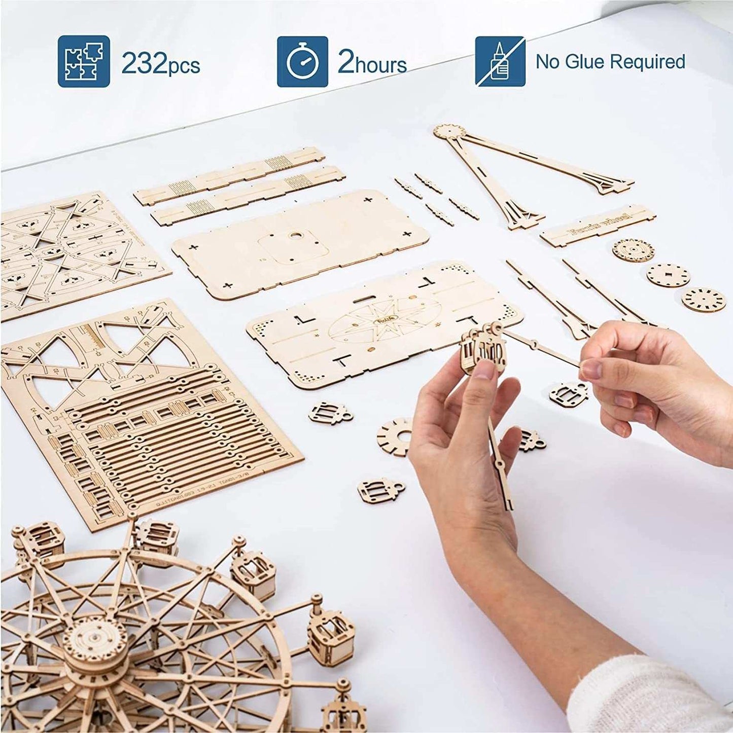 Robotime DIY Wooden rotatable Ferris wheel model kit with 232 pieces, no glue required, assembly in 2 hours