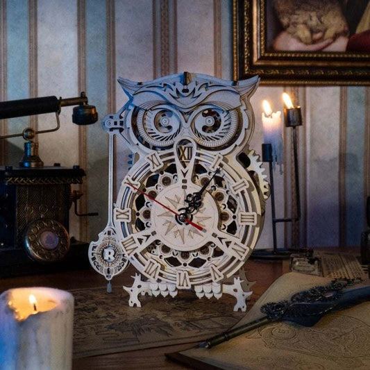 Robotime Rokr 3D wooden owl clock model kit with quartz movement and detailed laser-cut pieces for creative DIY assembly