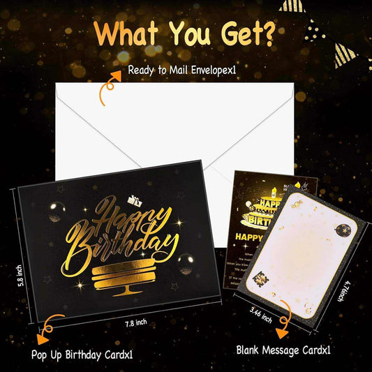 Light Music Up Card black and gold pop-up birthday card with envelope and blank message card, modern 3D design