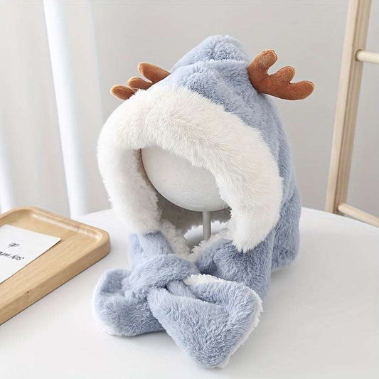 Soft plush cute deer hat with antlers and attached scarf for children winter warmth