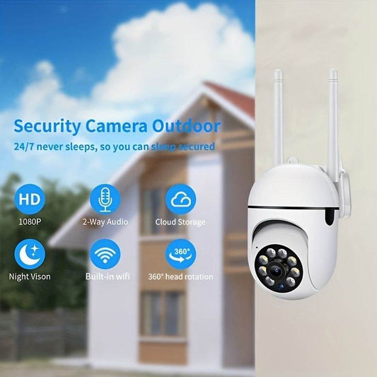 White Little Bee Camera outdoor security camera with 1080P HD, night vision, 2-way audio, built-in WiFi, cloud storage, and 360° rotation.